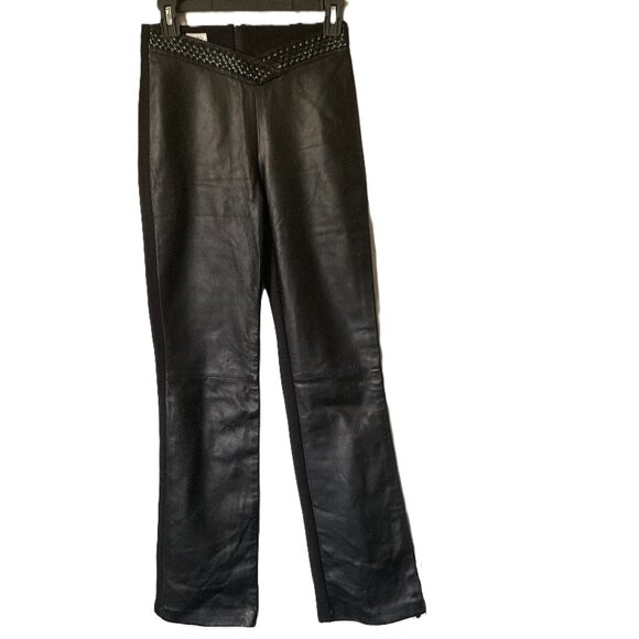 Cache drop waist black genuine leather pants with braided trim - Picture 1 of 5